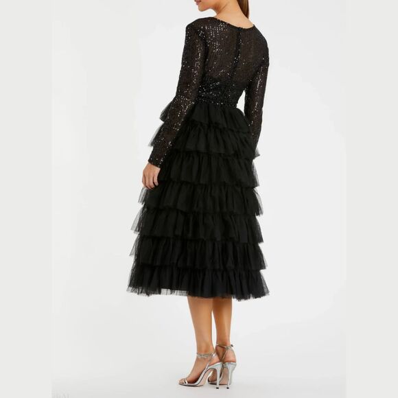 Mac Duggal 26299 Size 14 Black Long Sleeve Ruffled Tulle Tiered Midi Party Dress - Picture 3 of 6